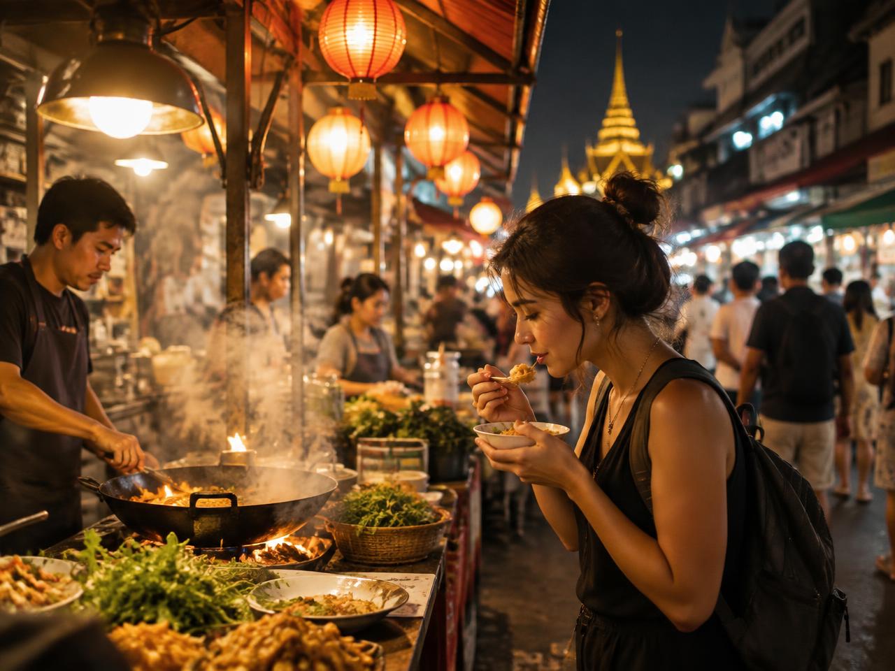 A traveler tasting street food at a lantern-lit night market in Bangkok
