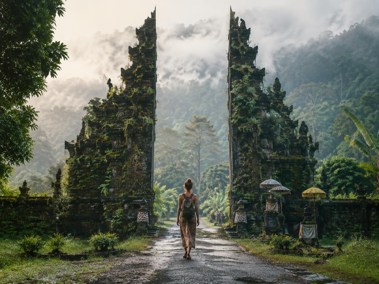 A traveler walking through a misty jungle temple gate in Bali
