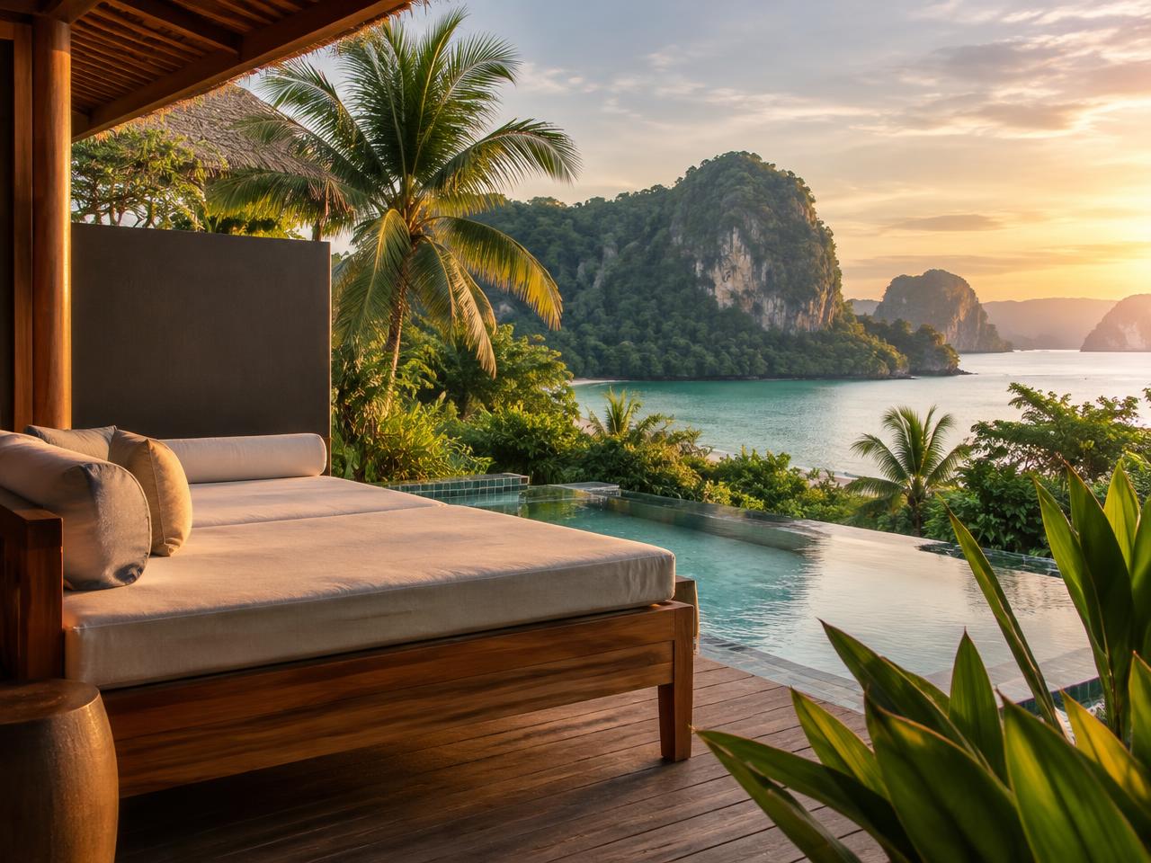 A shaded villa terrace with a daybed and pool, overlooking a tropical bay and limestone islands at sunset